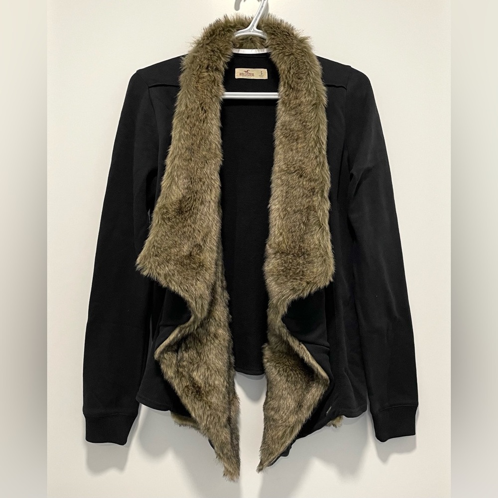 Hollister Black Cardigan with Faux Fur Trim
